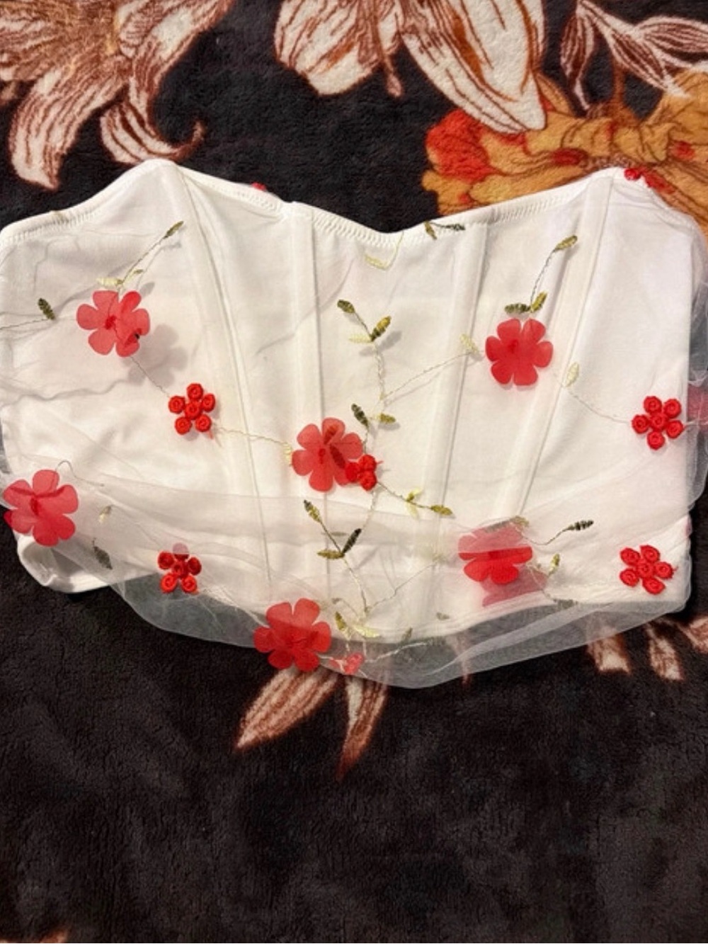 SHEIN White Strapless Bustier Top with Red Floral Appliqués